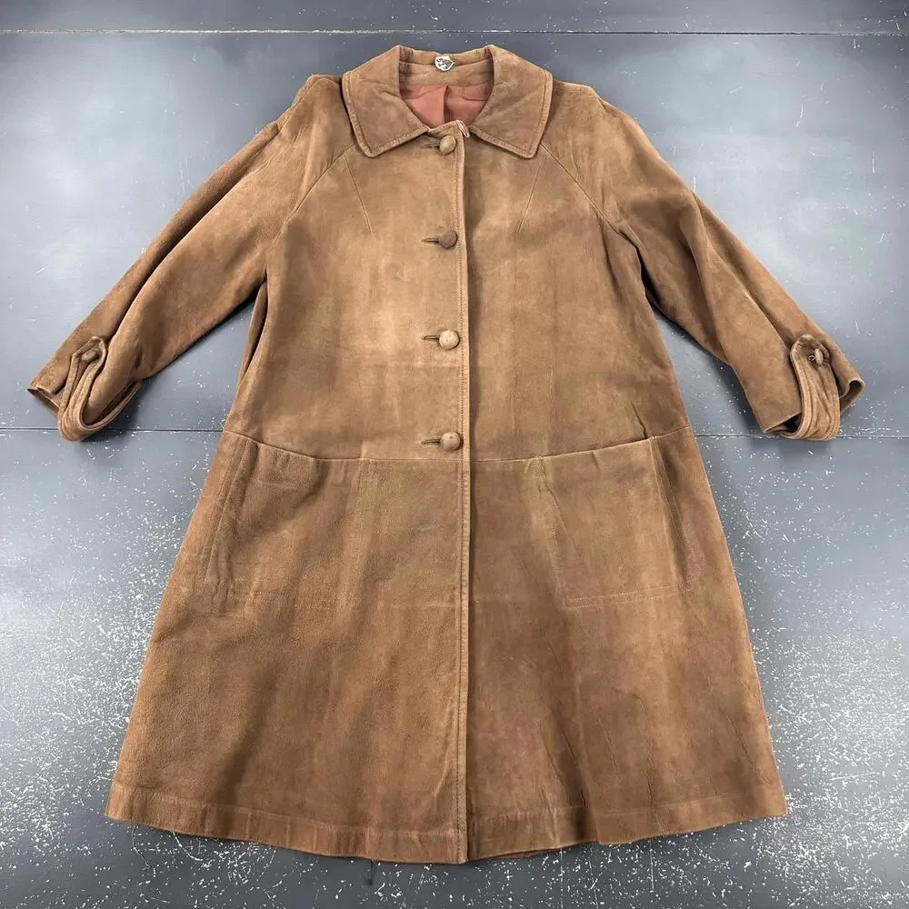 VTG Suede Leather Trench Coat Womens Med/LRG Brown Soft Duster Boho Chic 60's - Picture 4 of 10